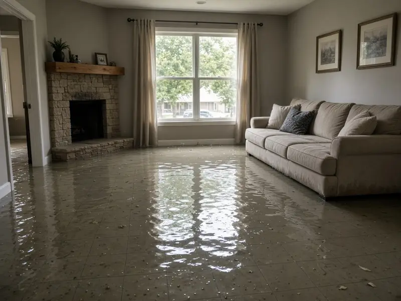 Living room with standing water covering the tile floor after a water leak