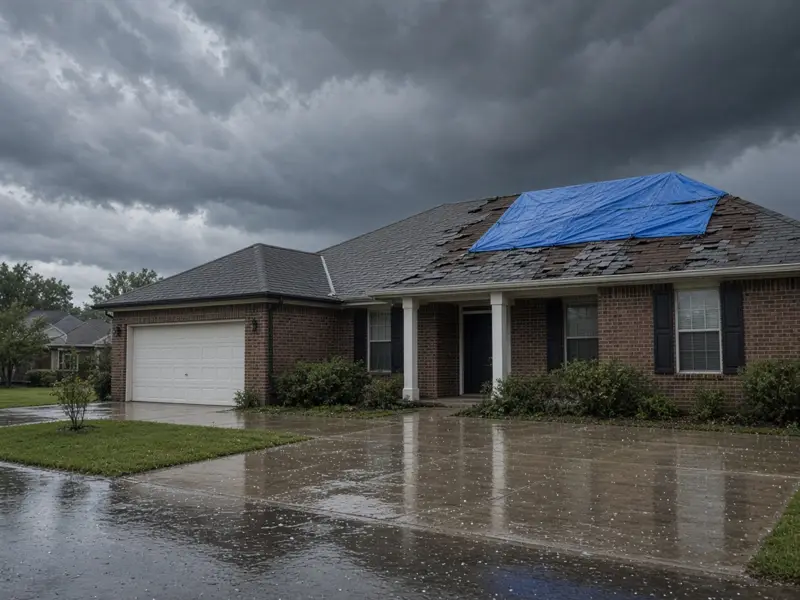Brick house with storm-damaged shingles covered by a blue tarp under dark clouds