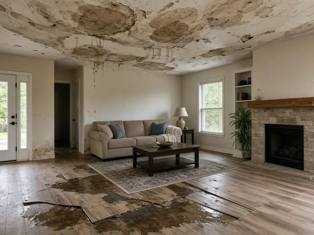 Living room with a stained, peeling water-damaged ceiling and buckled wet wood floor