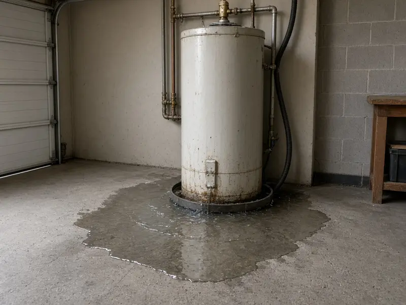 Tank water heater in a garage with water pooling across the concrete floor